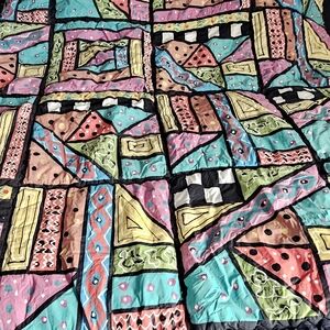Vintage Hand Painted Boho Patchwork Quilt King Size Blanket Made in USA